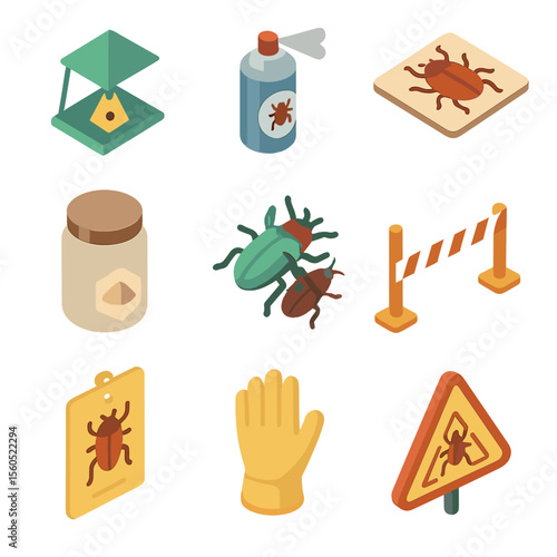 Beetle Control Icons. Isometric Flat icon set of beetle pest control: pheromone trap, insecticide spray, sticky trap, diatomaceous