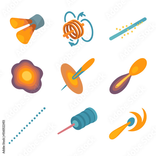 Black Hole Jet Icons. Isometric Flat icon set of black hole jets and relativistic outflows: jet nozzle, magnetic field coil,