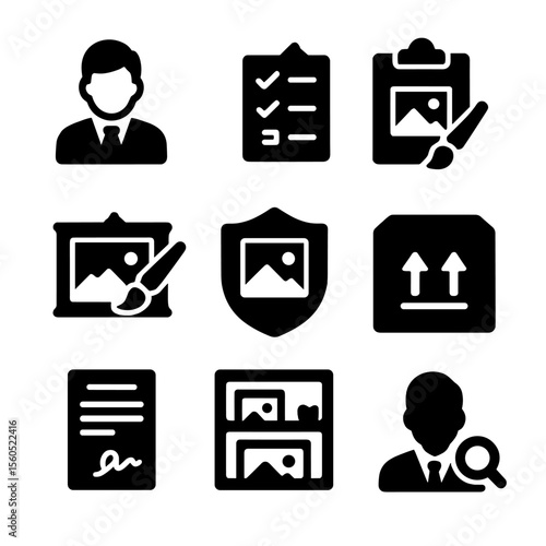 Art Management Icons. Solid, filled icon set of art curation and management: curator, checklist, clipboard, art restoration, art