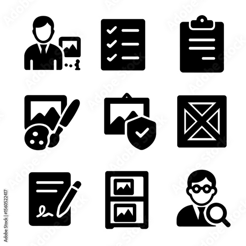 Art Management Icons. Solid, filled icon set of art curation and management: curator, checklist, clipboard, art restoration, art