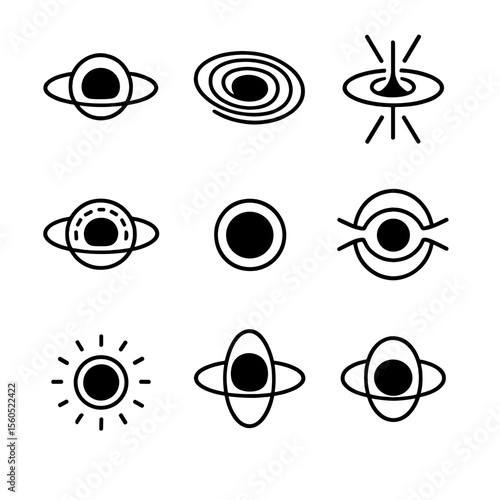 Black Hole Icon Set. Outline icon set of Black Hole Features: event horizon, accretion disk, singularity, jet emission, photon
