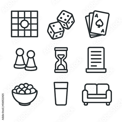 Board Game Night Icons. Outline icon set of Board Game Evening: game board, dice, playing cards, tokens, timer, scorepad, snacks