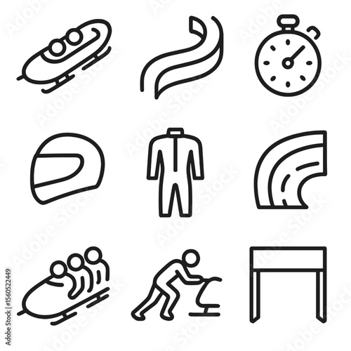 Bobsledding Icon Set. Outline icon set of Bobsledding: bobsled, bobsled track, stopwatch, aerodynamic helmet, racing suit, ice