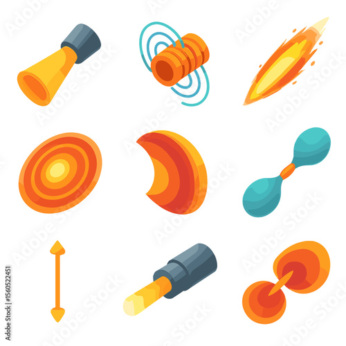 Black Hole Jet Icons. Isometric Flat icon set of black hole jets and relativistic outflows: jet nozzle, magnetic field coil,