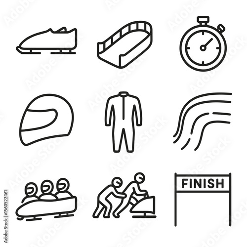 Bobsledding Icon Set. Outline icon set of Bobsledding: bobsled, bobsled track, stopwatch, aerodynamic helmet, racing suit, ice