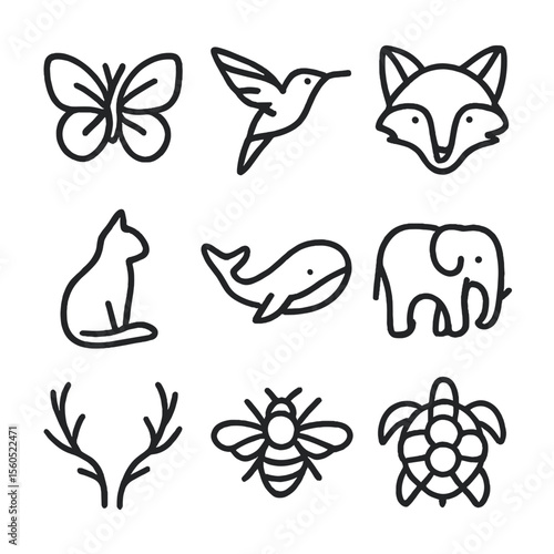 Animal Embroidery Icons. Outline icon set of animal embroidery designs: butterfly, hummingbird, fox face, whale, cat silhouette,