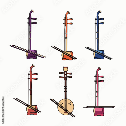 Flat Style Collection Erhu Bowed String Instrument Different Colors Icon