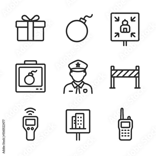 Bomb Threat Drill Icons. Outline icon set of bomb threat drills: suspicious package, bomb silhouette, evacuation area sign, X-ray