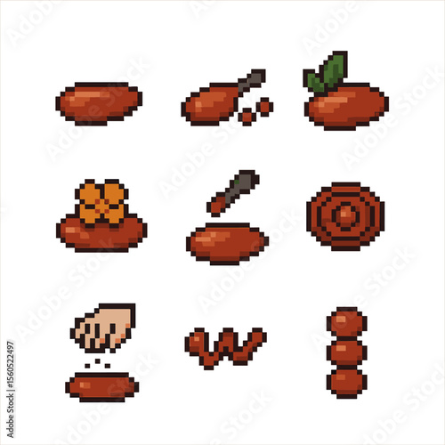 Artful Plating Icons. Pixel art icon set of roe plating techniques: swoosh sauce, dot smear, garnish leaf, edible flower, spoon