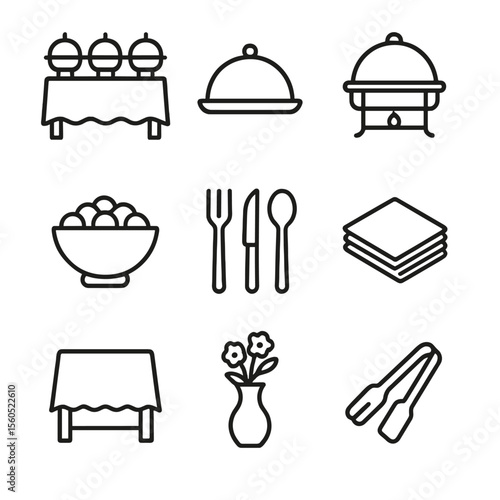 Buffet Table Icons. Outline icon set of food and table setup: buffet table, serving platter, chafing dish, snack bowl, cutlery set