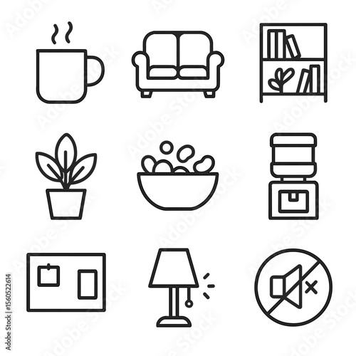 Breakroom Icon Set. Outline icon set of breakroom relaxation: coffee mug, comfy sofa, bookshelf, indoor plant, snack bowl, water