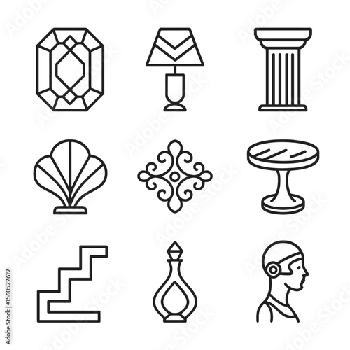 Art Deco Icon Set. Outline icon set of Art Deco motifs: geometric mirror, chevron lamp, fluted column, stylized fan, brass
