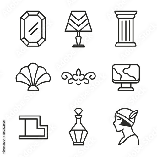 Art Deco Icon Set. Outline icon set of Art Deco motifs: geometric mirror, chevron lamp, fluted column, stylized fan, brass