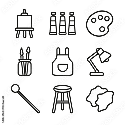 Artist Studio Icons. Outline icon set of Artist’s studio tools: sketch easel, paint tubes, brush jar, mixing palette, mahlstick,