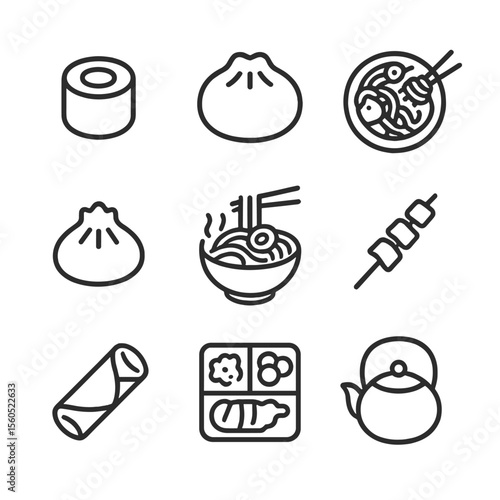 Asian Street Food Icons. Outline icon set of Asian street food: sushi roll, bao bun, pad thai plate, dumpling, ramen bowl, satay