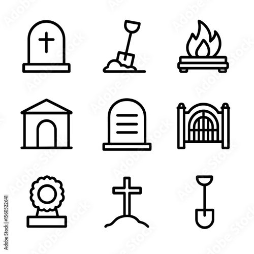 Burial Ritual Icons. Outline icon set of burial rituals: tombstone, grave shovel, funeral pyre, burial vault, headstone
