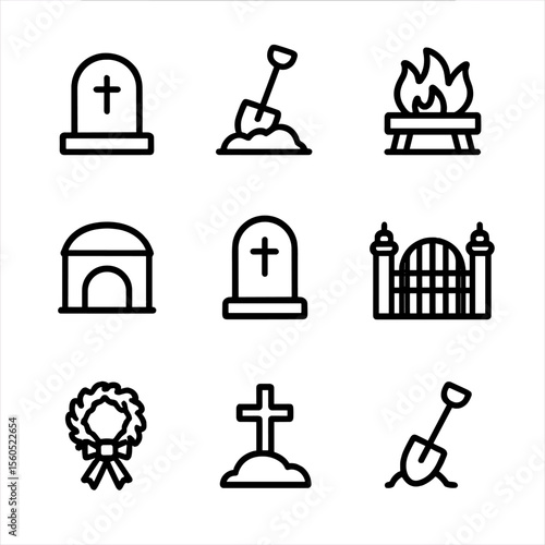 Burial Ritual Icons. Outline icon set of burial rituals: tombstone, grave shovel, funeral pyre, burial vault, headstone