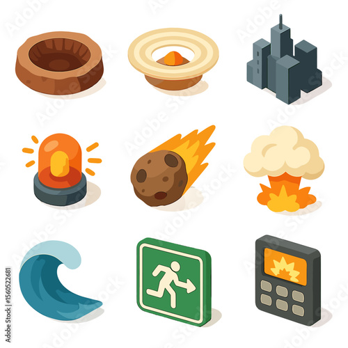 Asteroid Impact Icons. Isometric Flat icon set of asteroid impact hazard: impact crater, shockwave ring, city silhouette, warning