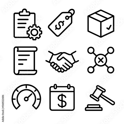 Business Impact Icons. Outline icon set of impacts on businesses: increased production cost clipper, price adjustment tag,