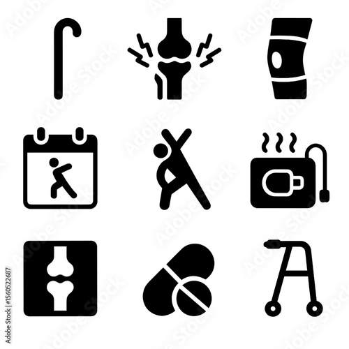 Arthritis Support Icons. Solid, filled icon set of arthritis and mobility support: walking cane, joint pain icon, knee brace, PT