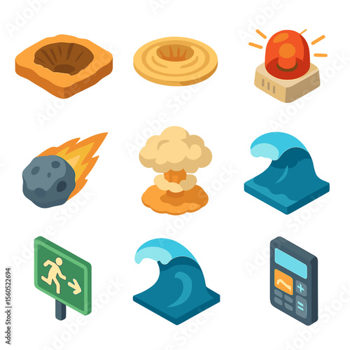 Asteroid Impact Icons. Isometric Flat icon set of asteroid impact hazard: impact crater, shockwave ring, city silhouette, warning