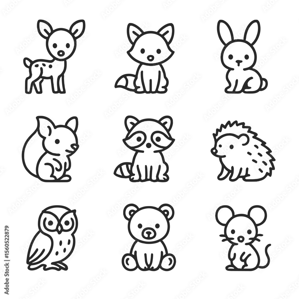 Obraz premium Baby Forest Animals Icons. Outline icon set of baby forest animals: fawn, fox cub, rabbit kit, squirrel kit, raccoon kit, hedgehog
