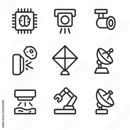 Autonomous Space Probes Icons. Outline icon set of autonomous space probes and AI navigation: AI flight computer, ion thruster,