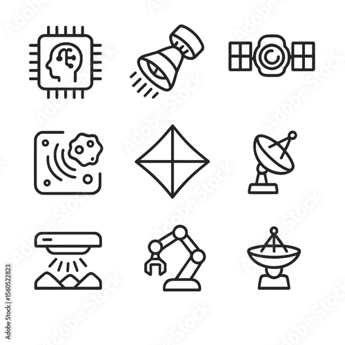 Autonomous Space Probes Icons. Outline icon set of autonomous space probes and AI navigation: AI flight computer, ion thruster,