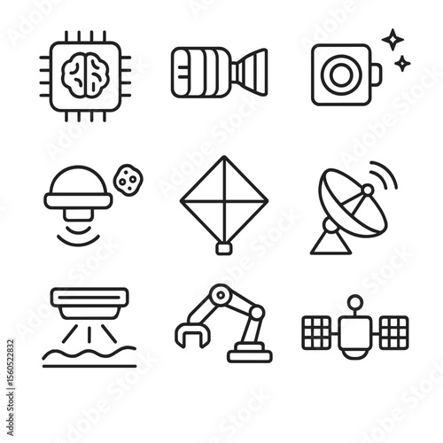 Autonomous Space Probes Icons. Outline icon set of autonomous space probes and AI navigation: AI flight computer, ion thruster,