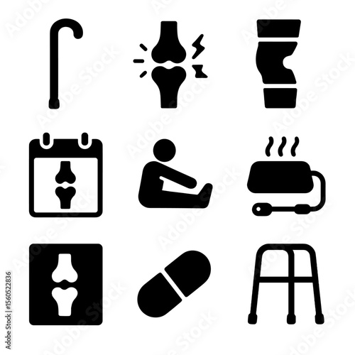 Arthritis Support Icons. Solid, filled icon set of arthritis and mobility support: walking cane, joint pain icon, knee brace, PT