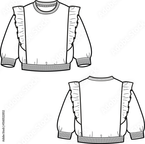Girls full-sleeve sweatshirt featuring a ruffled detail at the chest, perfect for adding a touch of elegance and style to any outfit. Ideal for fashion-forward kids who love comfortable vector flat.
