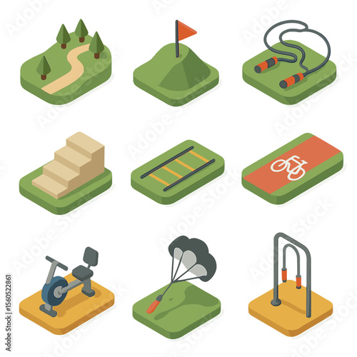 Cardio Activity Icons. Isometric Flat icon set of cardiovascular outdoor activities: trail running path, hill sprint marker, jump
