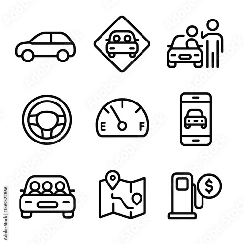 Carpool Icon Set. Outline icon set of carpooling and ridesharing: car silhouette, carpool sign, passenger pickup, steering wheel,