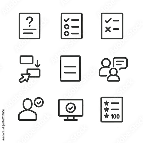 Assessment Icons Grid. Solid, filled icon set of assessment methods: quiz question, multiple choice, true/false, drag and drop,