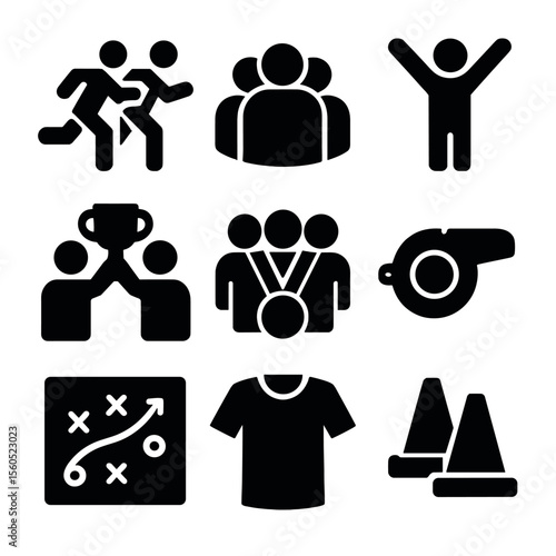 Athletic Teamwork Icons. Solid, filled icon set of athletic teamwork: synchronized runners, team huddle, victory pose, shared goal