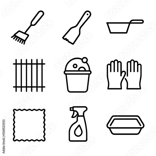 BBQ Cleaning Essentials. Outline icon set of BBQ grill cleaning essentials: wire brush, grill scraper, ash pan, stainless grates,