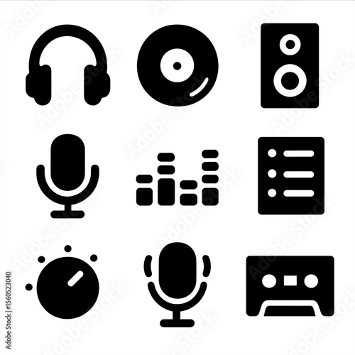 Audio Icons Grid. Solid, filled icon set of audio entertainment: headphones, vinyl record, speaker, microphone, equalizer,