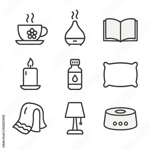 Bedtime Relaxation Icons. Outline icon set of bedtime relaxation tools: chamomile tea cup, diffuser with steam, bedtime book,