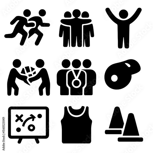 Athletic Teamwork Icons. Solid, filled icon set of athletic teamwork: synchronized runners, team huddle, victory pose, shared goal