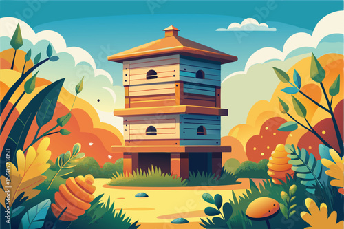 Bee Garden. A Vibrant Autumn Landscape with a Wooden Beehive