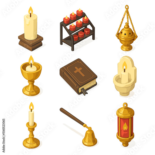 Ceremonial Candle Icons. Isometric Flat icon set of ceremonial and religious candle displays: altar candle, votive stand, incense