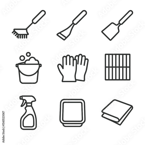 BBQ Cleaning Essentials. Outline icon set of BBQ grill cleaning essentials: wire brush, grill scraper, ash pan, stainless grates,