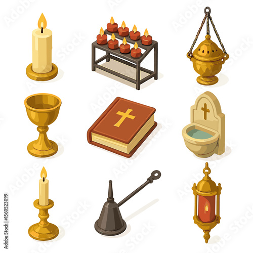 Ceremonial Candle Icons. Isometric Flat icon set of ceremonial and religious candle displays: altar candle, votive stand, incense