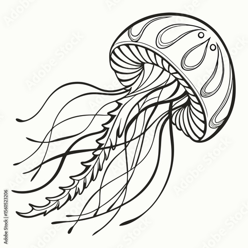 Detailed line art of a jellyfish with flowing tentacles and patterned bell on a white background