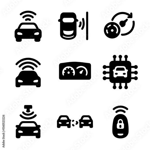 Automotive Icon Set. Solid, filled icon set of automotive automation: self-driving car, parking assist, cruise control, sensor