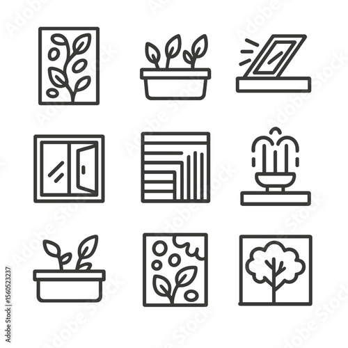 Biophilic Design Icons. Outline icon set of biophilic building features: living green wall, indoor garden planter, natural