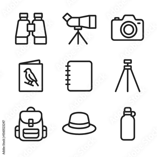 Birdwatching Gear Icons. Outline icon set of birdwatching equipment: binoculars, spotting scope, camera, tripod, field guide,