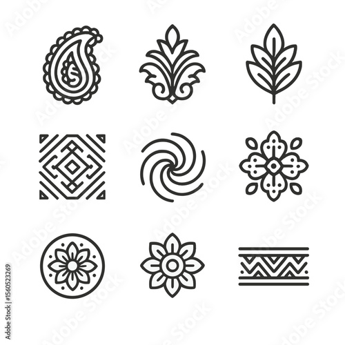 Black Icon Motif Set. Outline icon set of layered motifs: paisley overlay, damask scroll, botanical overlay, tribal print, ikat