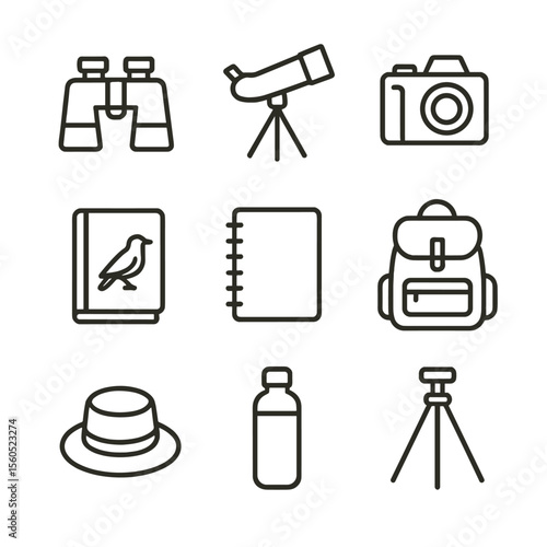 Birdwatching Gear Icons. Outline icon set of birdwatching equipment: binoculars, spotting scope, camera, tripod, field guide,