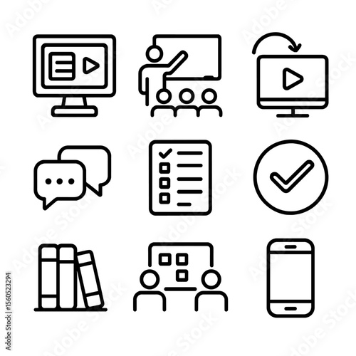 Blended Learning Icons. Outline icon set of blended learning curriculum: online module, classroom session, flipped video,